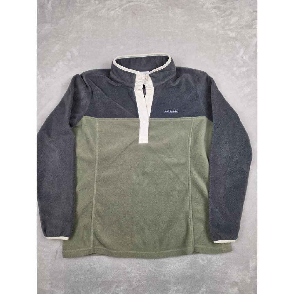 Columbia Fleece Pullover Sweater Womens L Green Gray Snap Neck Colorblock